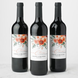 Verona Sunset Bright Orange Modern Floral Wedding Wine Label
