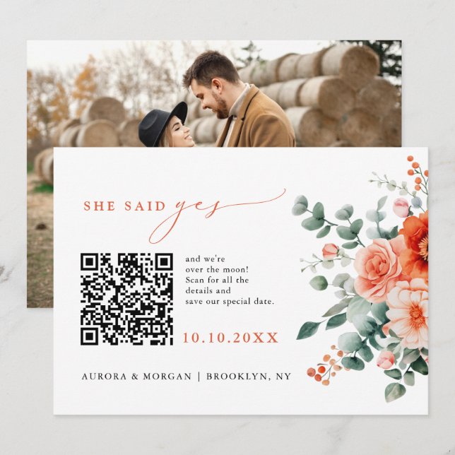 Verona Sunset Bright Orange Modern Photo QR code Save The Date (Front/Back)
