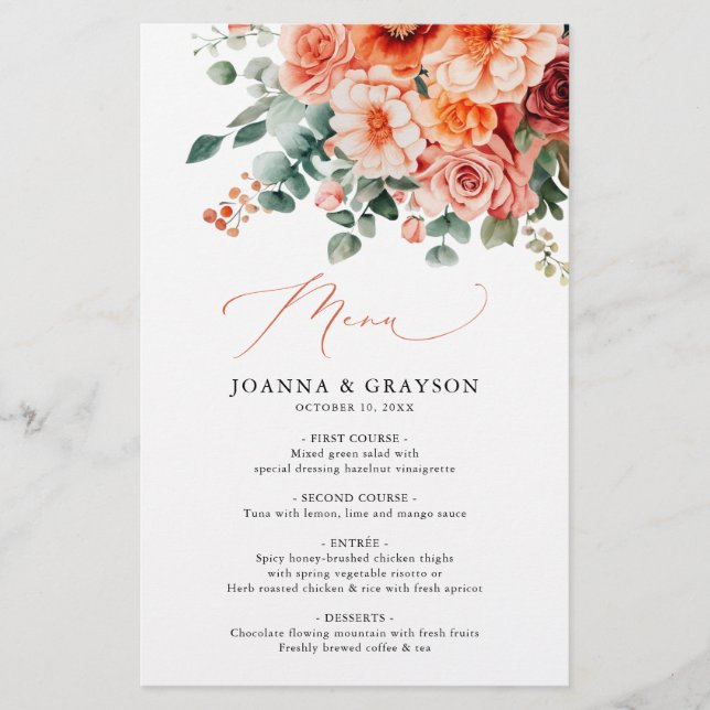 Verona Sunset Bright Orange Modern Wedding Menu    (Front)