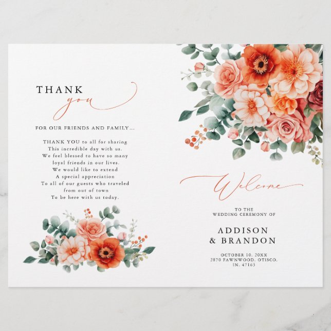 Verona Sunset Bright Orange Modern Wedding Program (Front)