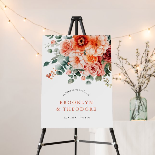 Verona Sunset Bright Orange Modern Wedding Welcome Foam Board (In Situ (Stand))