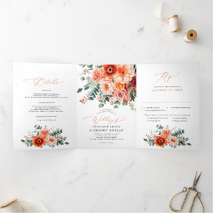 Verona Sunset Bright Orange Watercolor Floral Tri-Fold Announcement