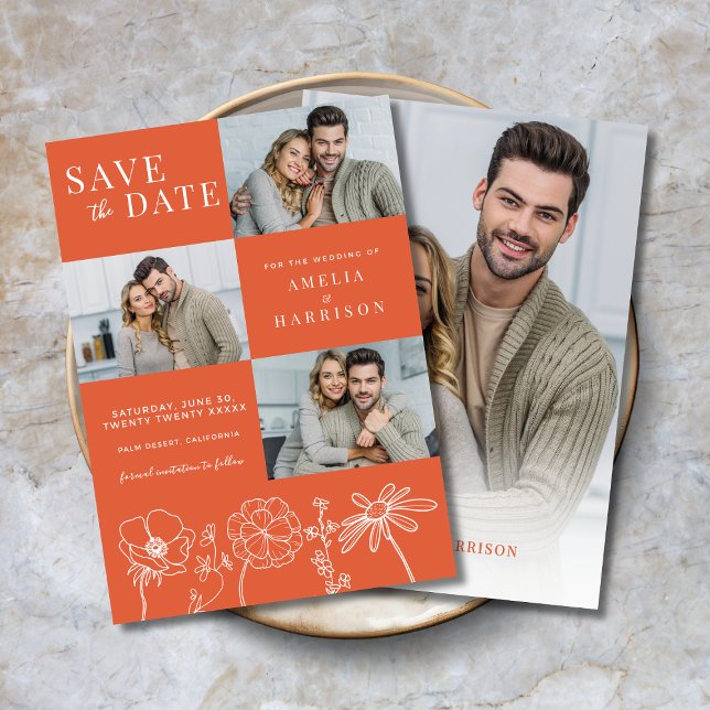 Verona Sunset Elegant Floral Four Photo Wedding Save The Date ( Verona Sunset Elegant Floral 4 Photo Wedding Save the Date, Line Art, 3 front photos, 1 on back.)