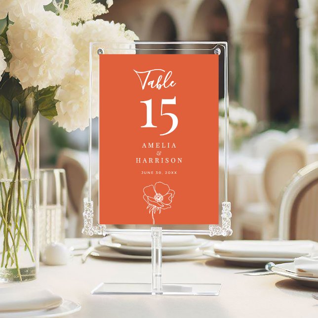 Verona Sunset Floral Wedding 5x7 Table Number (Verona Sunset Floral Wedding 5x7 Table Number with Line Art Flower, Couple Names, Wedding Date.)