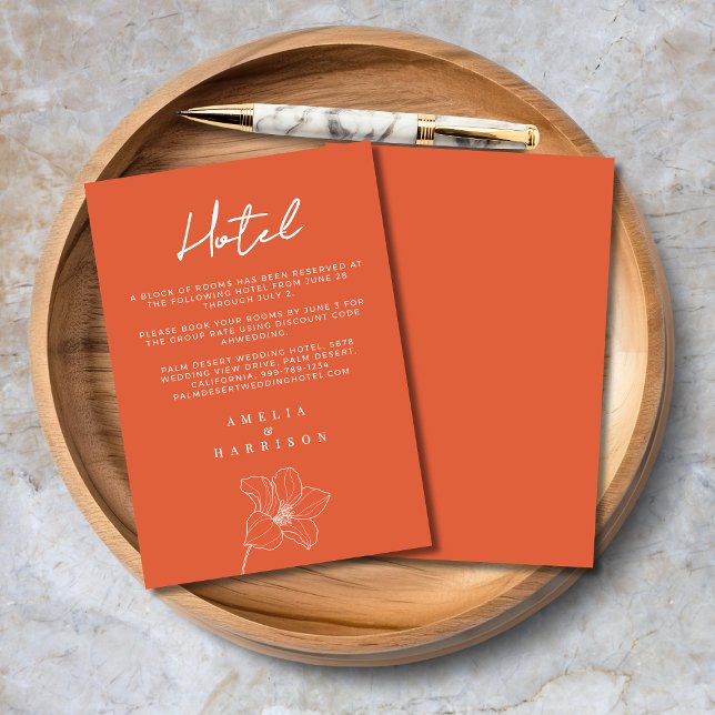Verona Sunset Orange Elegant Floral Wedding Hotel Enclosure Card (Verona Sunset Orange Elegant Floral Wedding Hotel Enclosure Card with Line Art Flower, Script Text.)