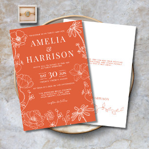 Verona Sunset Orange Floral Line Art Wedding Invitation