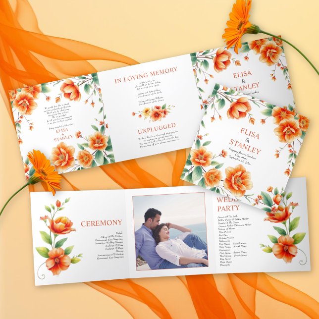Verona sunset orange flowers and photo wedding Tri-Fold program (Creator Uploaded)