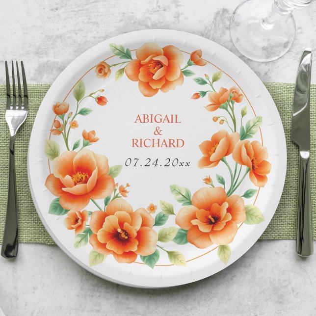 Verona sunset orange round floral frame wedding paper plates (Creator Uploaded)