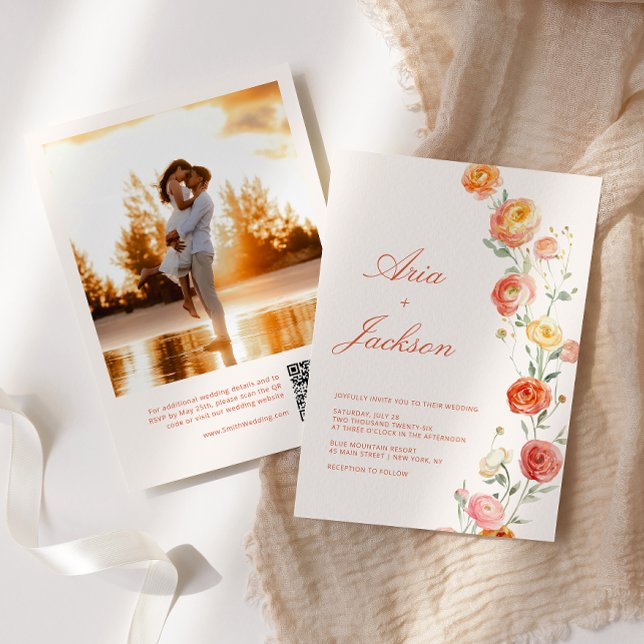 Verona Sunset Orange Wedding Floral QR Code Photo Invitation (Creator Uploaded)