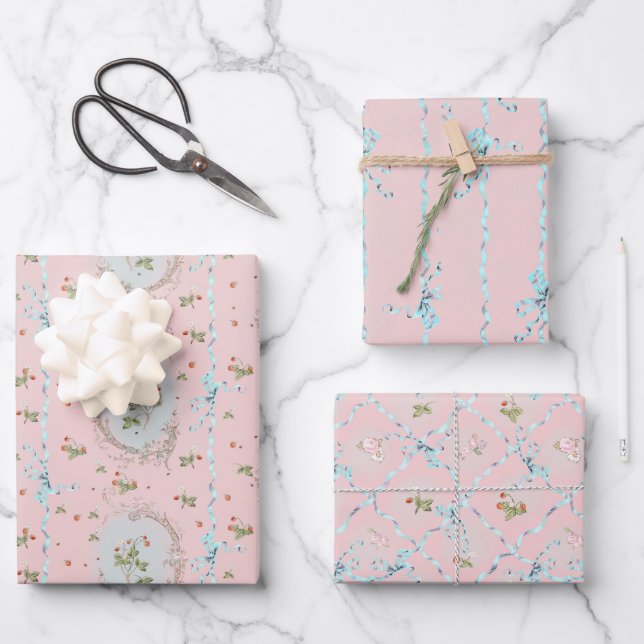Versailles Strawberrys & Ribbons Pink  Wrapping Paper Sheets (Front)