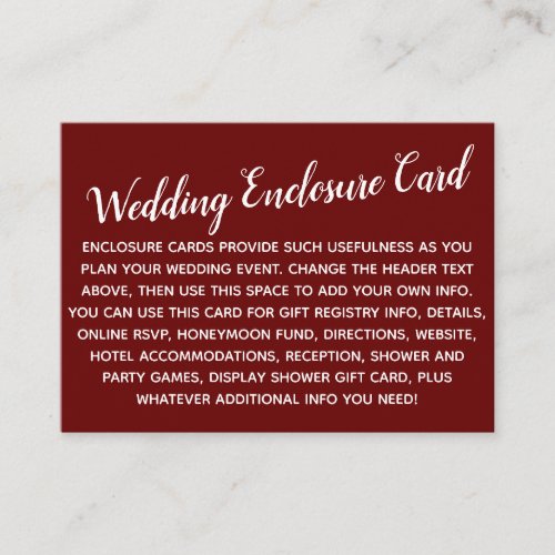 Versatile Custom Simple DIY Wedding Burgundy Red Enclosure Card