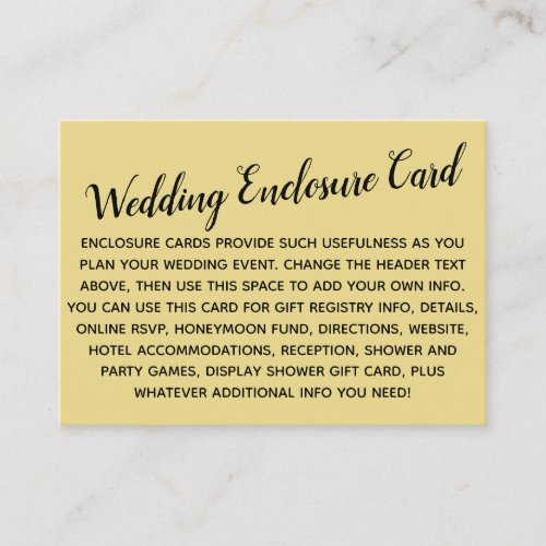 Versatile Custom Simple DIY Wedding Custard Yellow Enclosure Card