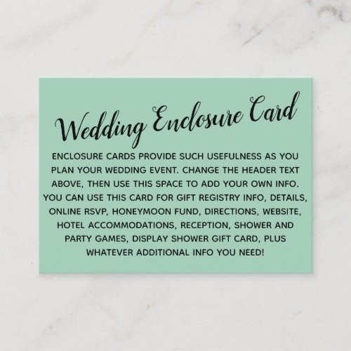 Versatile Custom Simple DIY Wedding Light Green Enclosure Card