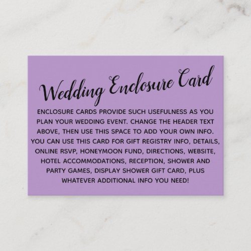 Versatile Custom Simple DIY Wedding Pale Purple Enclosure Card