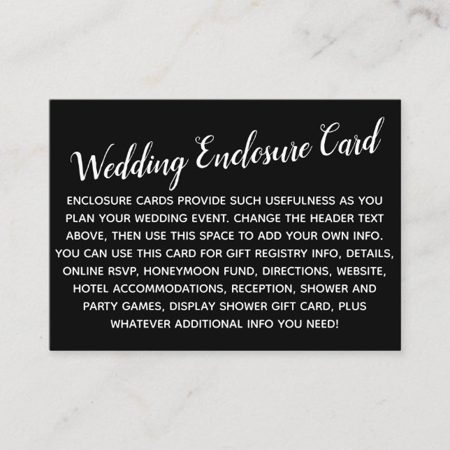 Versatile Custom Simple DIY Wedding White on Black Enclosure Card (Front)