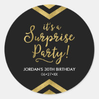 Versatile Faux Gold Chevron It's a Surprise Party Classic Round Sticker