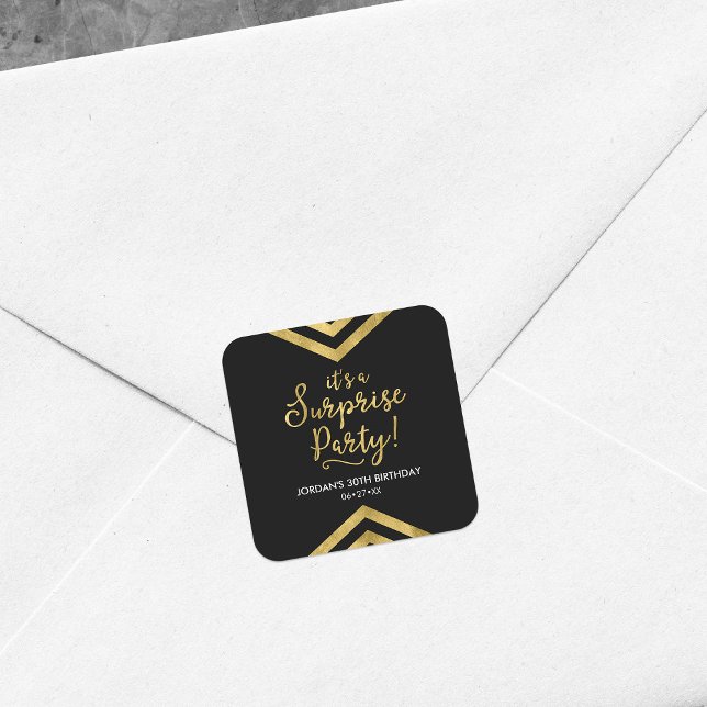 Versatile Faux Gold Chevron It's a Surprise Party Square Sticker (Creator Uploaded)