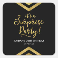 Versatile Faux Gold Chevron It's a Surprise Party Square Sticker