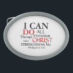 Verse PHILIPPIANS 4:13 Belt Buckle<br><div class="desc">Find inspiration and empowerment in our design featuring the uplifting verse Philippians 4:13. The verse is presented in various captivating fonts, with the impactful words 'Do' and 'Christ' shining brilliantly in vibrant red. This design beautifully encapsulates the essence of strength and faith, reminding you that you can do all things...</div>