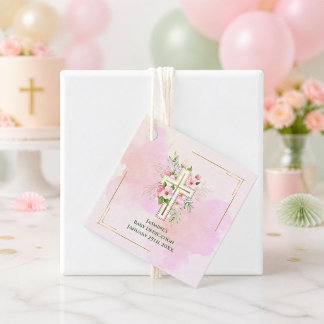 Verse Pink Watercolor Floral Cross Baby Dedication Favor Tags