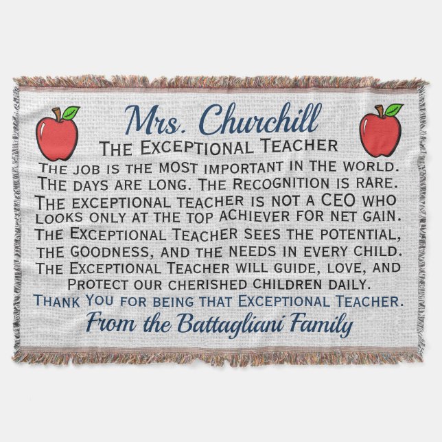 Version 3 EXCEPTIONAL Teacher Thank You Throw Thro Throw Blanket (Front)
