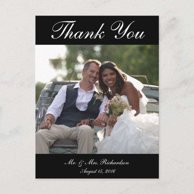 Vert. B&W Custom Wedding Photo Thank You Postcard (Front)