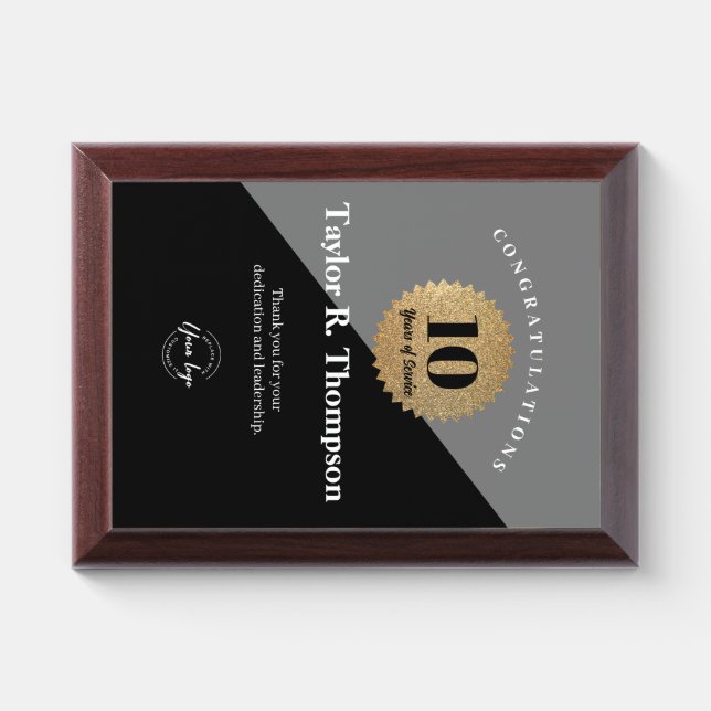 Vertical 10 Year Work anniversary Gold Black  Award Plaque (Horizontal)