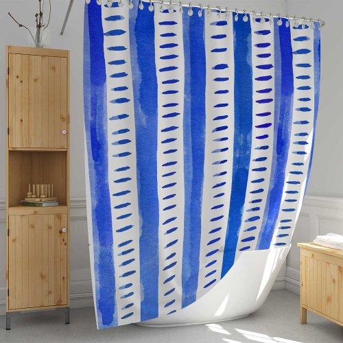 Vertical abstract watercolor lines _ blue  shower curtain