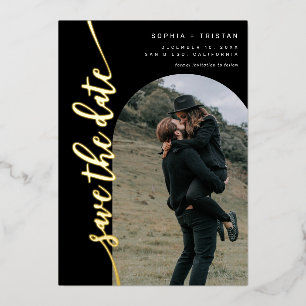 Vertical Arch Photo Black Save the Date Foil Invitation