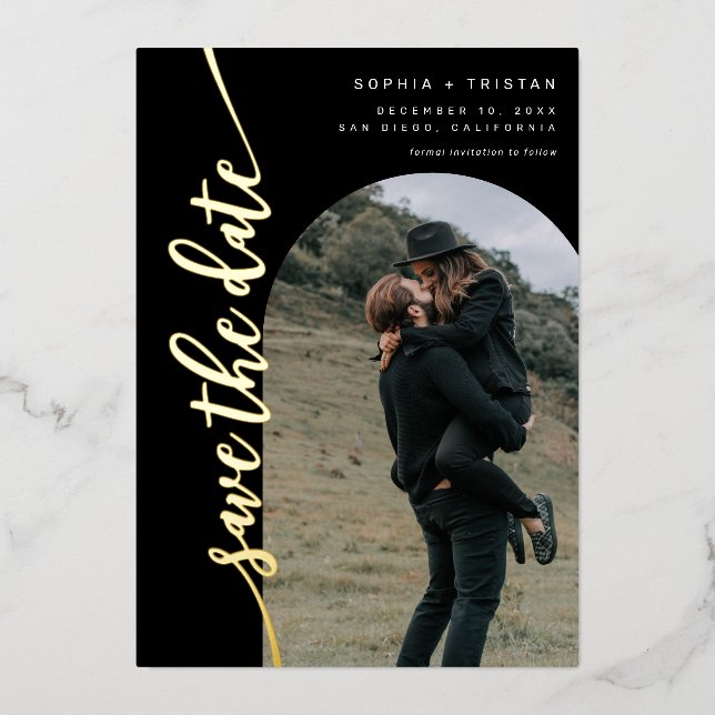 Vertical Arch Photo Black Save the Date Foil Invitation (Front)