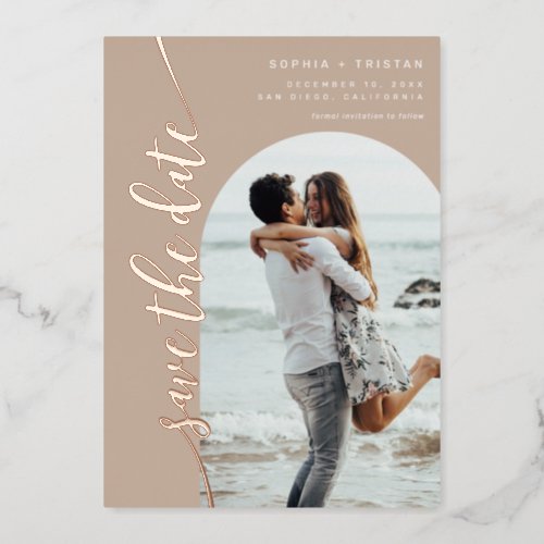 Vertical Arch Photo Taupe Save the Date Foil Invitation
