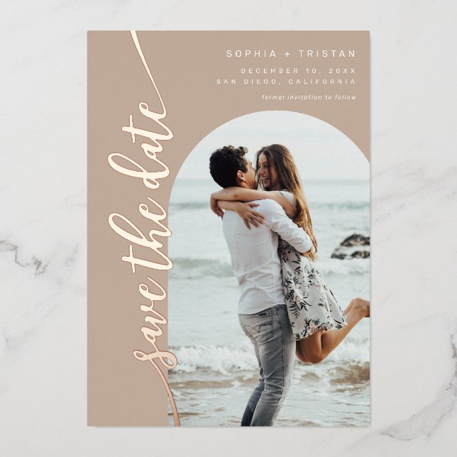 Vertical Arch Photo Taupe Save the Date Foil Invitation (Front)