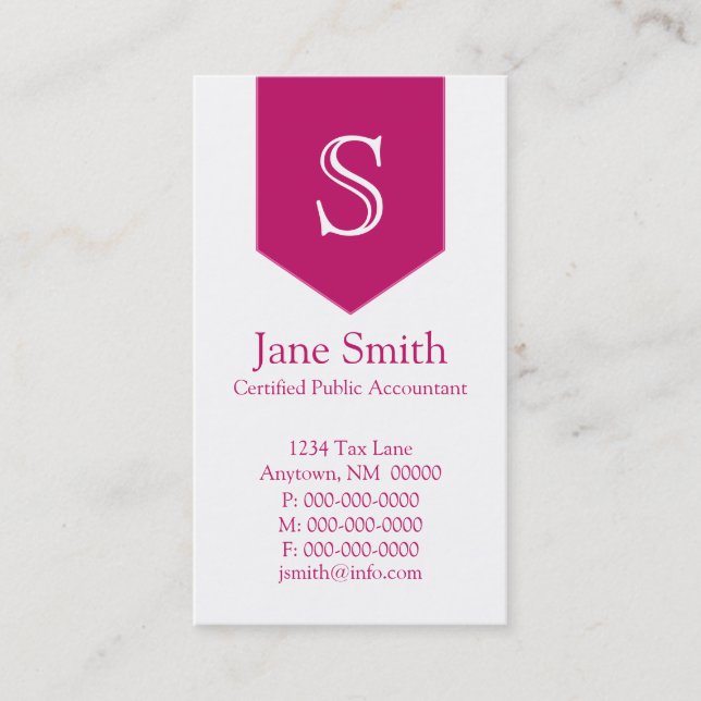 Vertical Arrow Monogram Business Card, Magenta Card (Front)