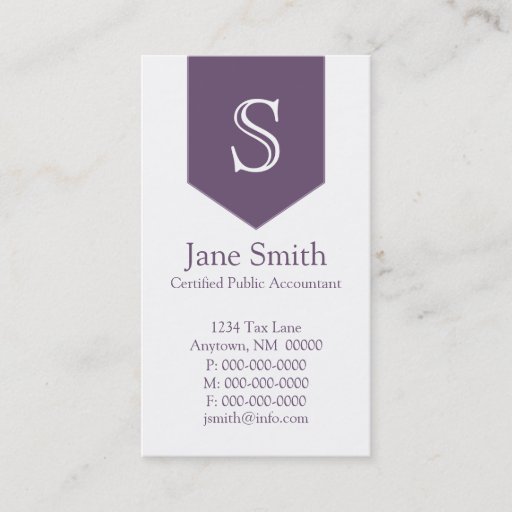 Customizable Vertical Arrow Monogram Business Card, Purple