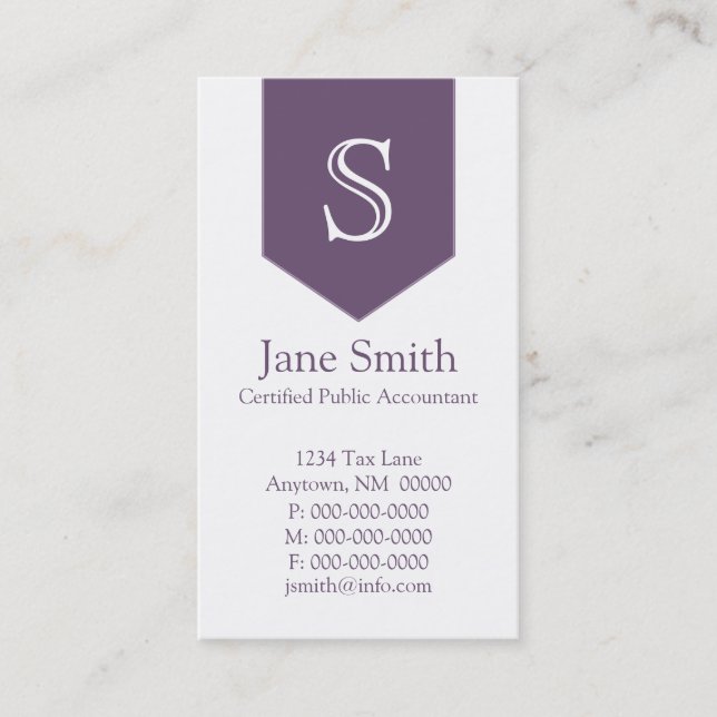 Vertical Arrow Monogram Business Card, Purple Business Card (Front)