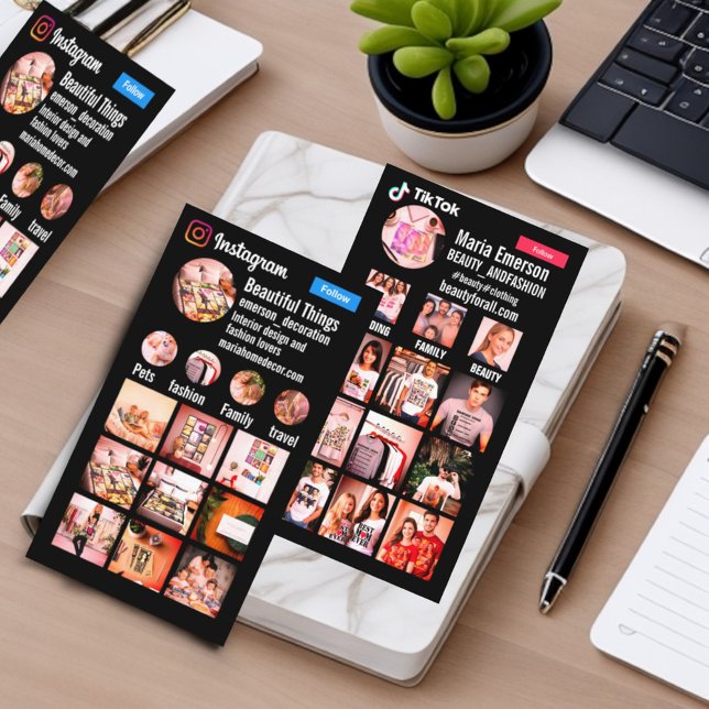 Vertical back personal professional instag tiktok business card (Black vertical double sided social media tiktok instagram collage grid layout business card)