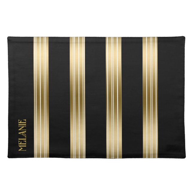 Vertical Black And Gold Stripes White Background Cloth Placemat (Front)