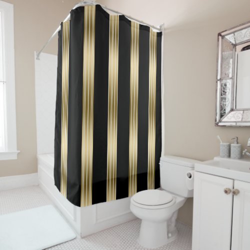 Vertical Black And Gold Stripes White Background Shower Curtain