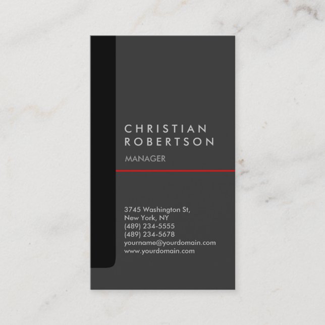 Vertical black gray red trendy business card (Front)