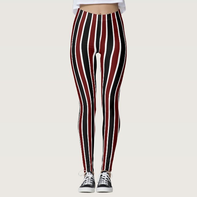 Vertical Black Maroon White Stripes Decor on Leggings (Front)