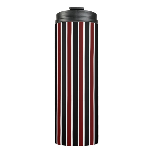 Vertical Black Maroon White Stripes Decor on Thermal Tumbler (Front)