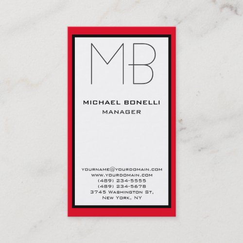 Vertical black red border monogram business card