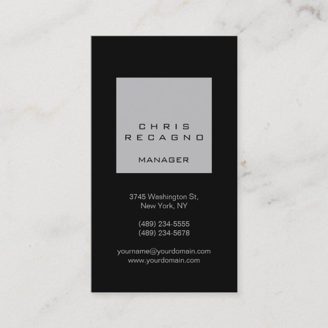 Vertical Black Silver Gray Square Business Card (Front)
