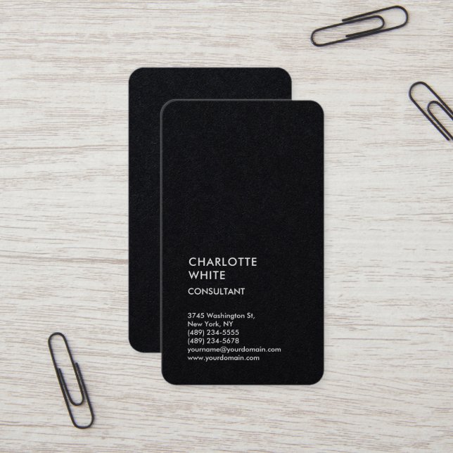 Vertical Black Trendy Minimalist Elegant Simple Business Card (Front/Back In Situ)