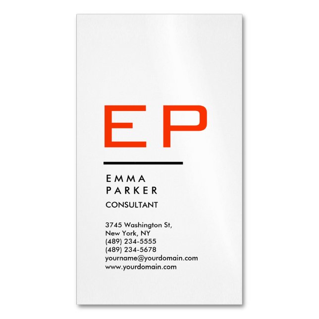 Vertical Black White Border Trendy Red Monogram Business Card Magnet (Front Vertical)