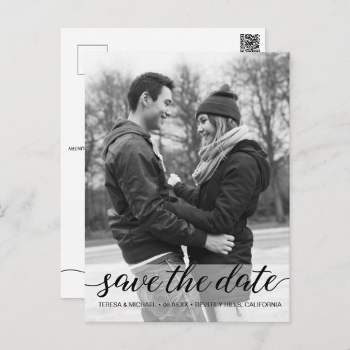 Vertical Black white Photo Wedding Save The date Postcard