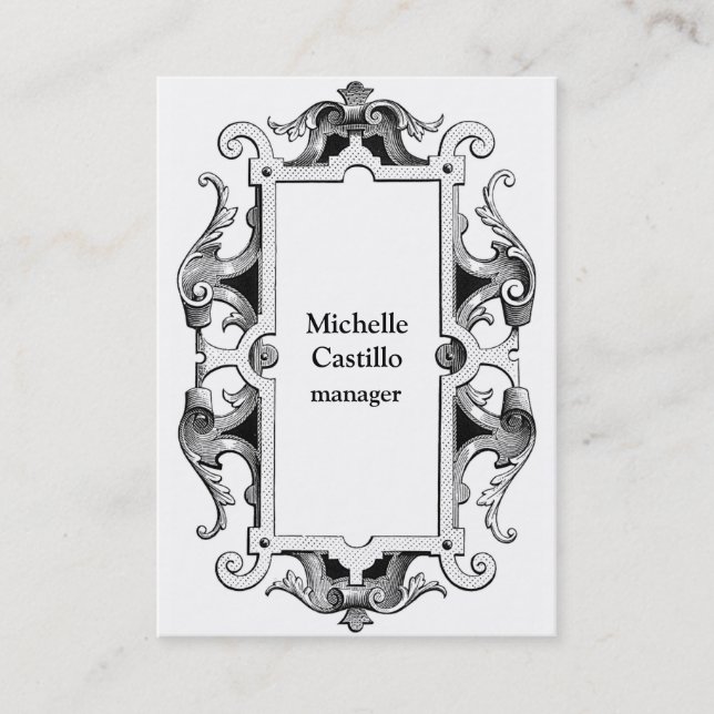 Vertical Black White Vintage Classical Business Card (Front)