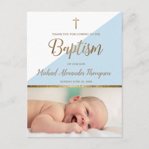 Vertical Blue Baby Boy Photo Baptism Thank You Postcard