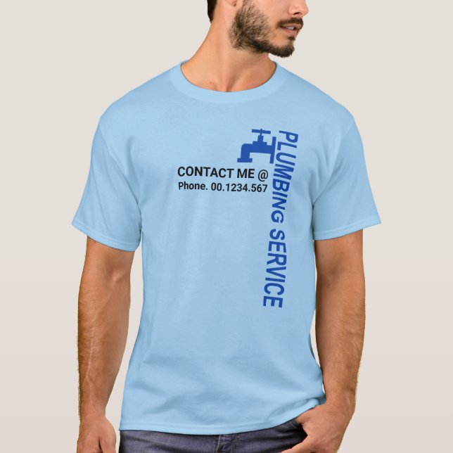 Vertical Blue Faucet Motif Plumbing Service T-Shirt (Front)