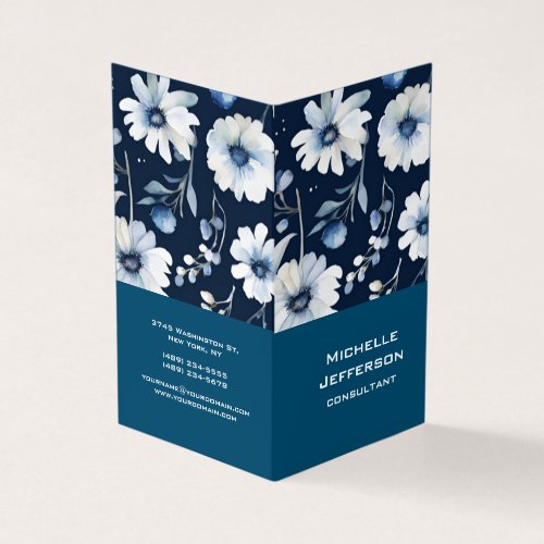 Vertical Blue Floral Modern Stylish Trendy Business Card